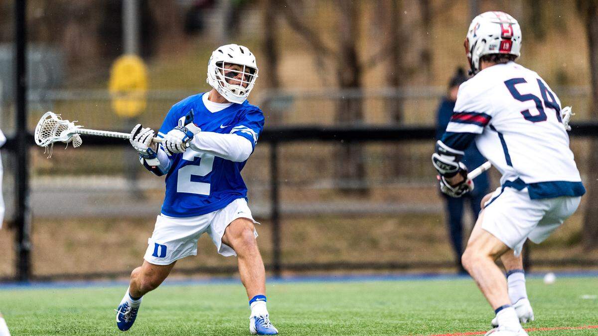 Duke’s Andrew McAdorey attempts a shot in a lacrosse game against Penn earlier this season. McAdorey and the Blue Devils play Penn State in the NCAA national semifinals at Philadelphia on Saturday.