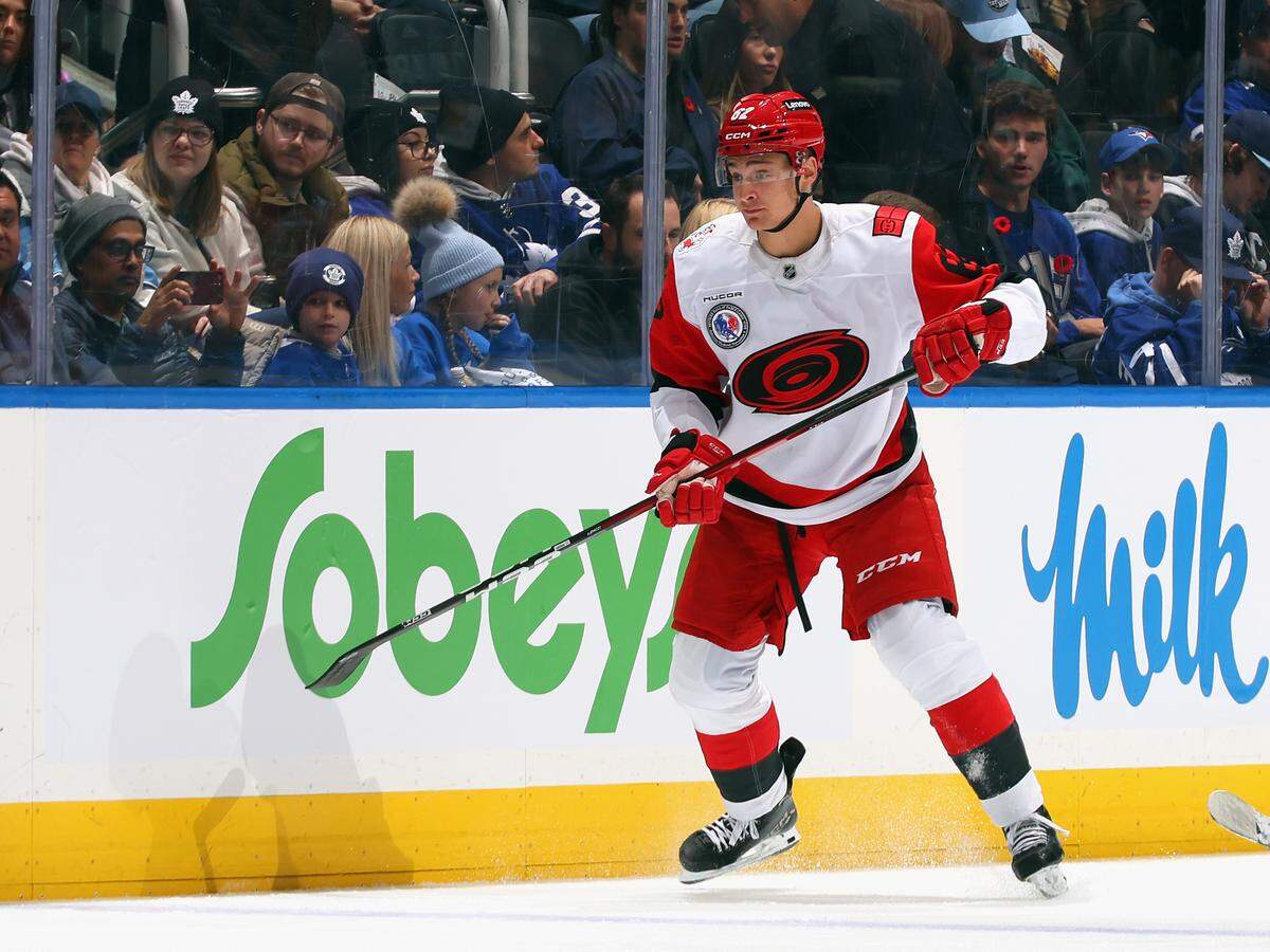 Charles Alexis Legault of the Carolina Hurricanes skates against the Toronto Maple Leafs at Scotiabank Arena on Nov. 9, 2025 in Toronto, Ontario, Canada.