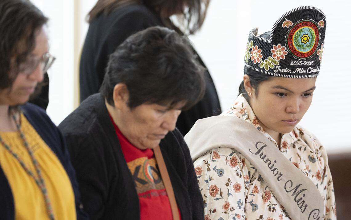 Keilani Arch, Junior Miss Cherokee 2025-26, stands in the gallery as Rep. Anna Ferguson, who represents Jackson, Swain and Transylvania counties is seated in the chamber on Tuesday, April 21, 2026 in Raleigh, N.C.