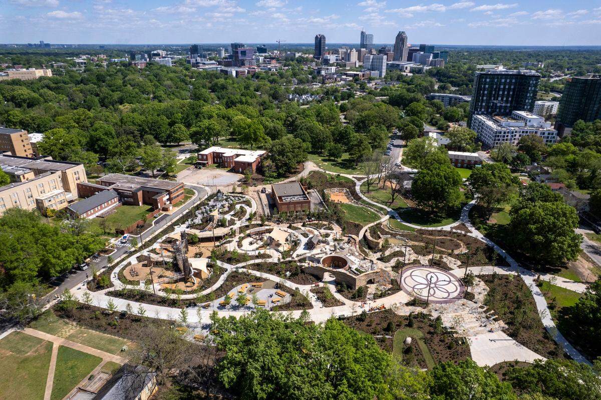 An aerial view of the nearly completed Gipson Play Plaza at Dix Park in Raleigh on Wednesday, April 16, 2025.