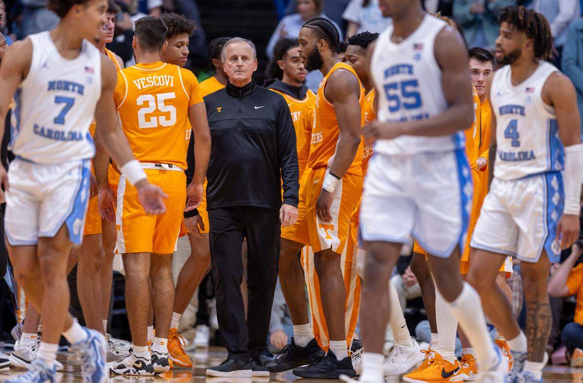 Tennessee coach Rick Barnes breaks from a huddle with his players in the closing minute of play against North Carolina on Wednesday, November 29, 2023 at the Smith Center in Chapel Hill, N.C. The Tar Heels defeated the Volunteers 100-92.