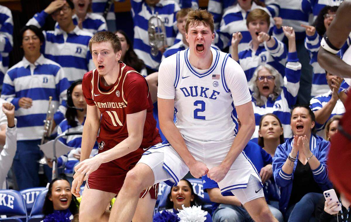 Duke’s Cooper Flagg (2) celebrates after blocking the shot of Florida State’s Christian Nitu (11) during the second half of Duke’s 100-65 victory over Florida State at Cameron Indoor Stadium in Durham, N.C., Saturday, March 1, 2025.