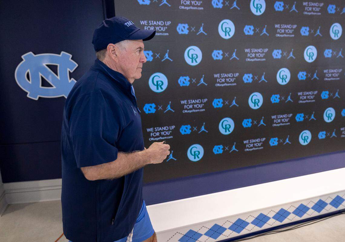 North Carolina coach Bill Belichick arrives for his first press briefing on Wednesday, March 5, 2025 at Kenan Stadium in Chapel Hill N.C.
