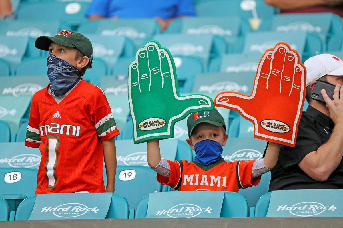 Miami Hurricanes fans watch as the Canes play the North Carolina Tar Heels at Hard Rock Stadium In Miami Gardens, Florida, Saturday, December 12, 2020.
