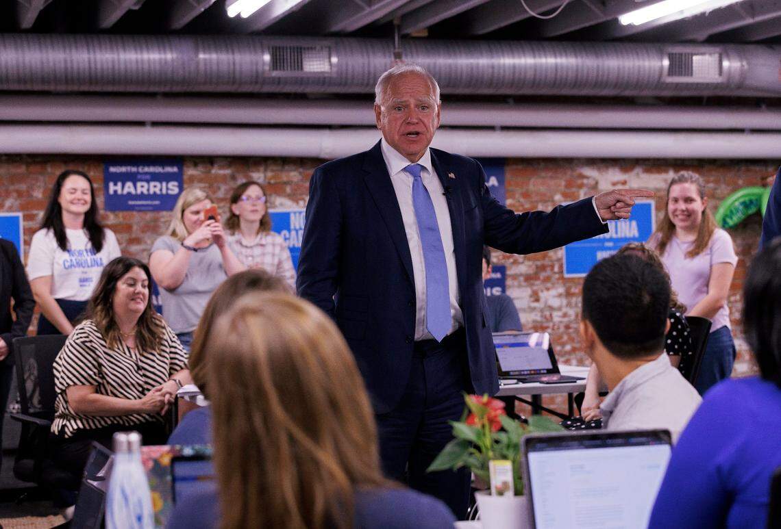 Democratic Vice Presidential nominee and Minnesota Gov. Tim Walz speaks with volunteers at a campaign office during a visit to Raleigh, N.C. on Thursday, Aug. 29, 2024.