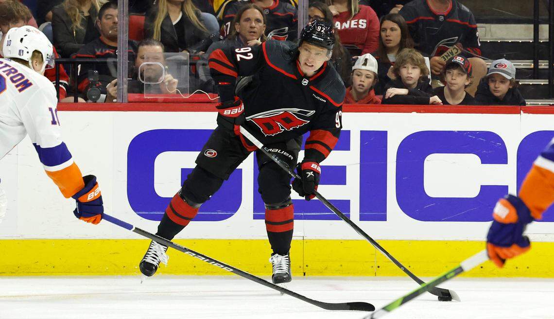 Carolina center Evgeny Kuznetsov (92) looks to shoot during the first period of the Hurricanes game against the Islanders in the first round of the Stanley Cup playoffs at PNC Arena in Raleigh, N.C., Saturday, April 20, 2024.