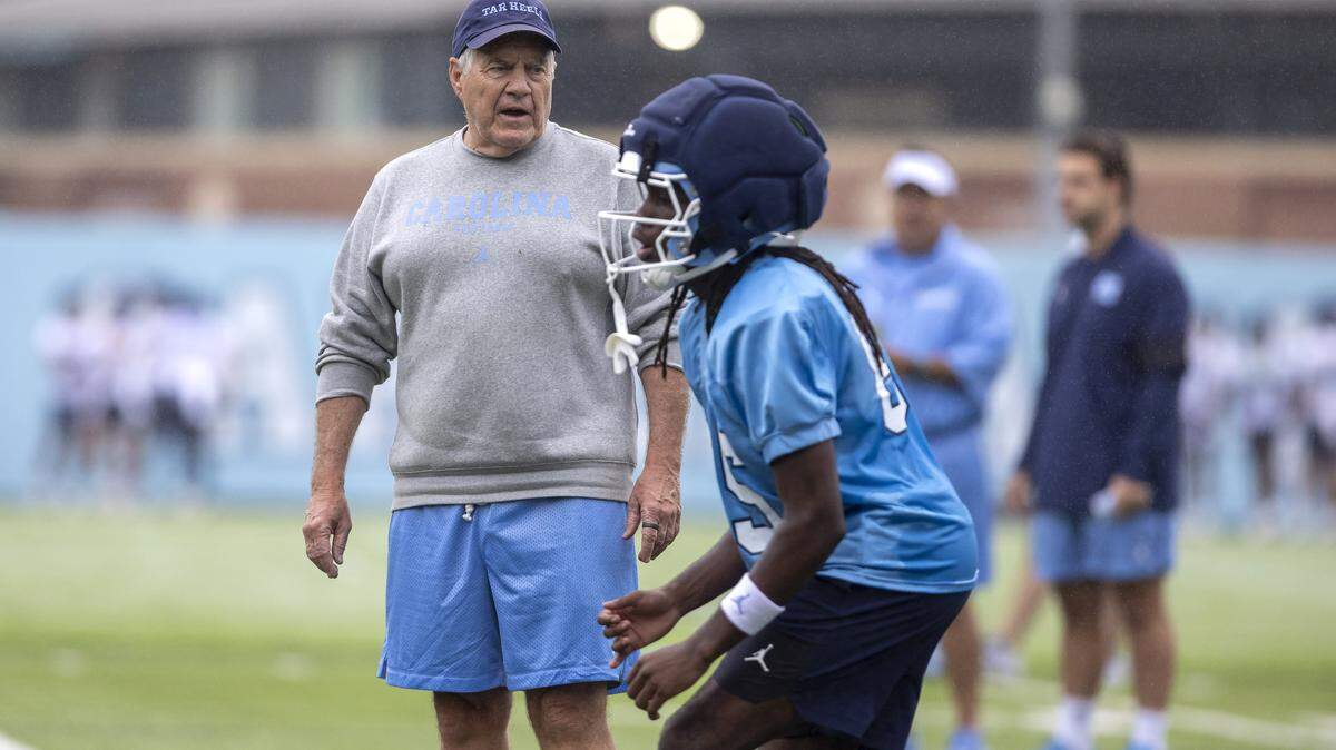 North Carolina head coach Bill Belichick watches wide receiver Shanard Clower (85) during the Tar Heels’ practice on Saturday, August 2, 2025 in Chapel Hill, N.C.
