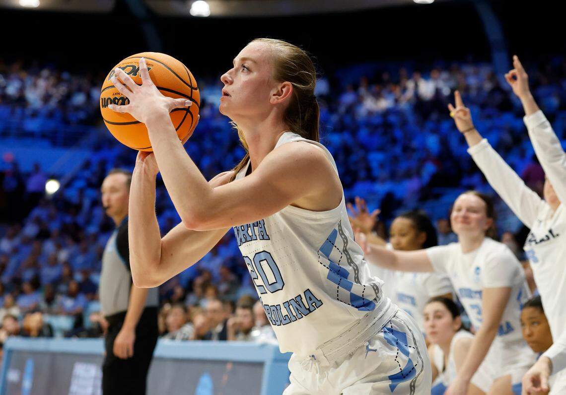 North Carolina’s Lexi Donarski (20) prepares to hit a three-pointer during the second half of UNC’s 70-49 victory over Oregon State in the first round of the NCAA women’s basketball tournament at Carmichael Arena in Chapel Hill, N.C., Saturday, March 22, 2025.