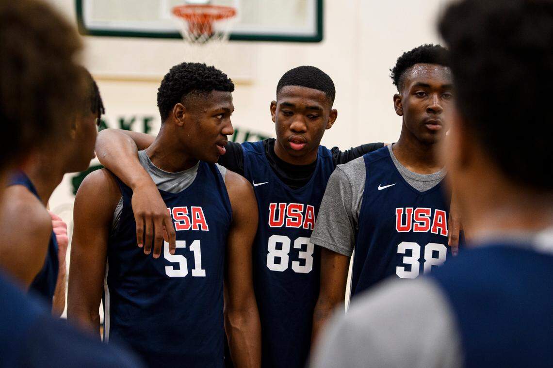 UNC class of 2023 commitment G.G. Jackson (No. 51) huddles with teammates during tryouts for USA Basketball’s under-18 national team that is competing at the FIBA U18 Americas Championships in Tijuana, Mexico from June 6-12.