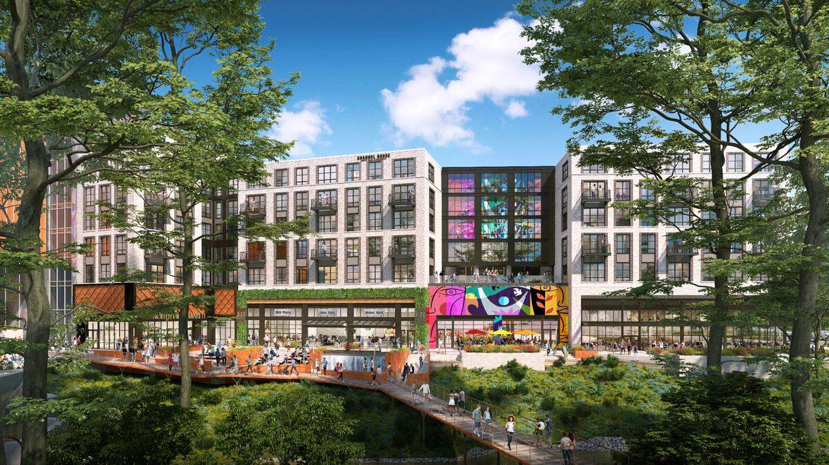 A rendering of “Makers Alley,” a mix of “micro-retail units” inside Channel House’s 14,000-square-foot of ground-level retail.