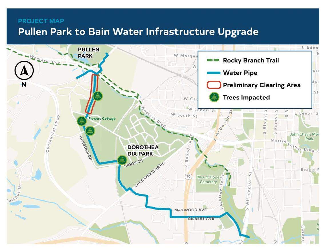 This map shows where trees will come down at Dorothea Dix Park as the city begins work on its Pullen to Bane Water Line