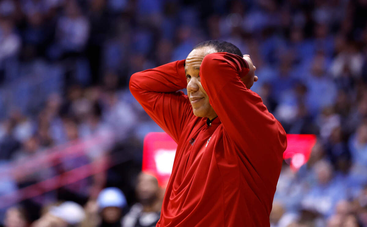 N.C. State head coach Kevin Keatts reacts to a foul on the Wolfpack during the first half of N.C. State’s game against UNC at the Smith Center in Chapel Hill, N.C., Saturday, Jan. 21, 2023.