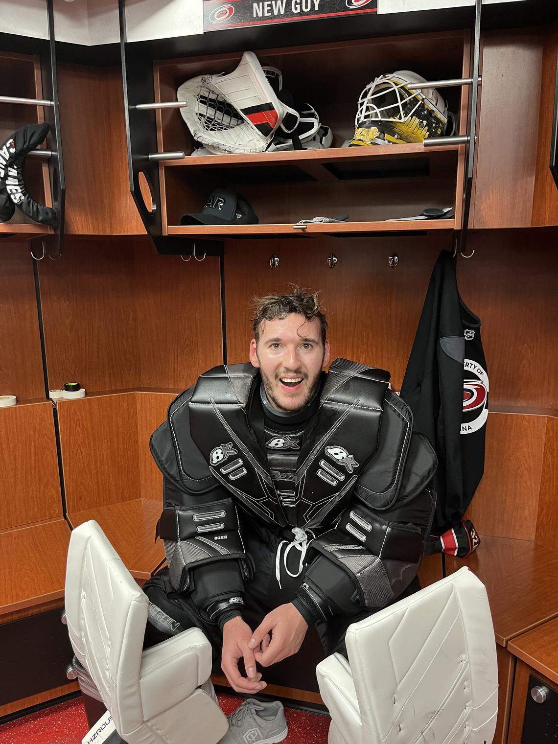 Carolina Hurricanes goalie Brandon Bussi, who was claimed off NHL waivers, winds down after practice at Lenovo Center on Oct. 9, 2025.