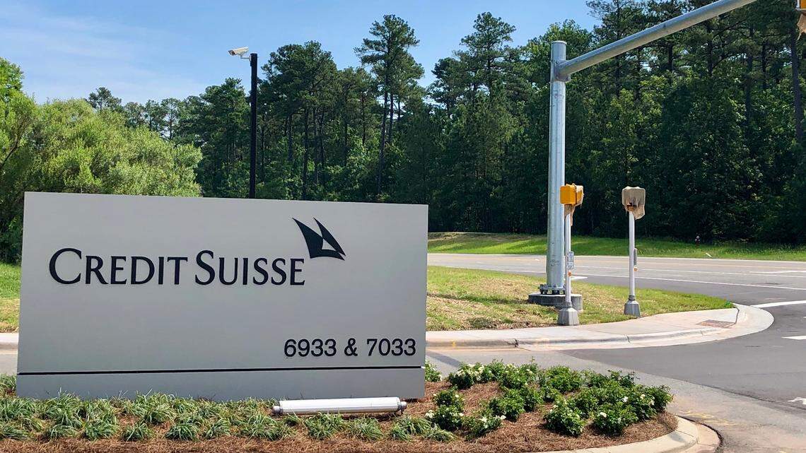 The entrance to the Credit Suisse campus in Research Triangle Park.