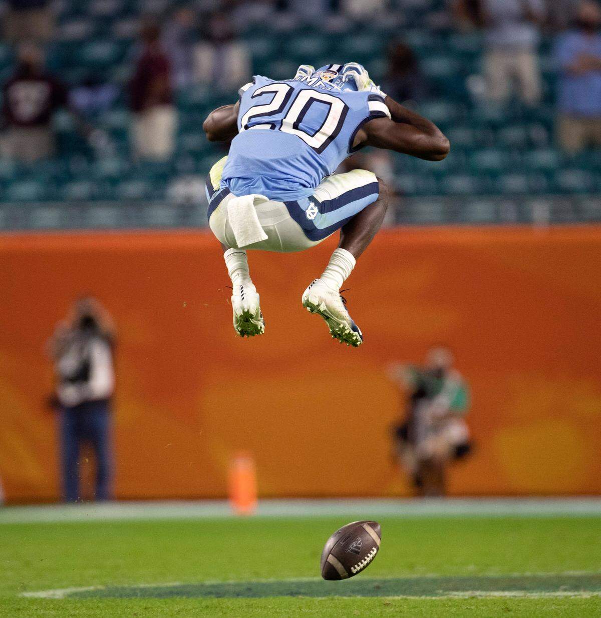 North Carolina defensive back Tony Grimes (20) reacts after a near interception in the fourth quarter against Texas A&M during the Capital One Orange Bowl on Saturday, January 2, 2021in Miami Gardens, Florida. 