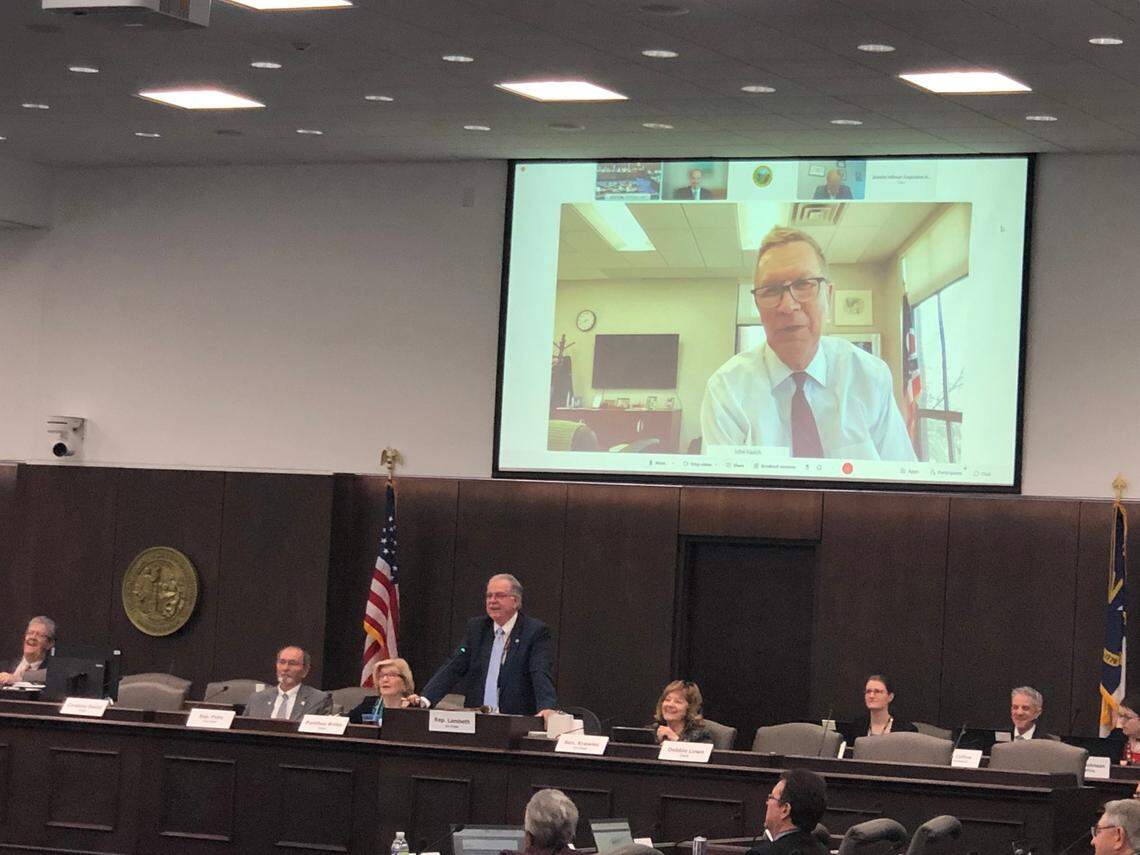 Former Ohio Gov. John Kasich presents to North Carolina’s Joint Legislative Oversight Committee on Access to Healthcare and Medicaid Expansion via video on Tuesday, March 15, 2022. Kasich called on North Carolina to expand Medicaid, pitching it in moral and fiscal terms. Rep. Donny Lambeth, a Forsyth County Republican, presided over the meeting.