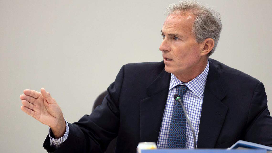 UNC Board of Trustees chair John Preyer questions Veronica Mora Flaspoehler, president of Carolina Alumni, during a meeting on Wednesday, May 21, 2025 in Chapel Hill, N.C.