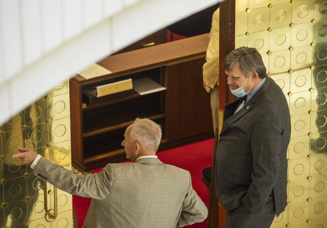 N.C. State Representatives and Senators convened for their session in the North Carolina General Assembly building as ReOpenNC protestors gathered outside on Tuesday, Apr. 28, 2020, in Raleigh, N.C.