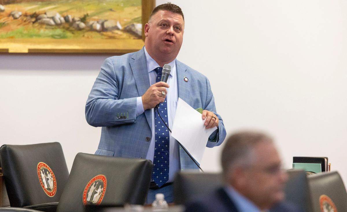 Sports betting legislation sponsor Rep. Jason Saine speaks in favor of SB 38 on Wednesday, June 22, 2022 in Raleigh, N.C. The legislation passed 51-50 on the second reading.
