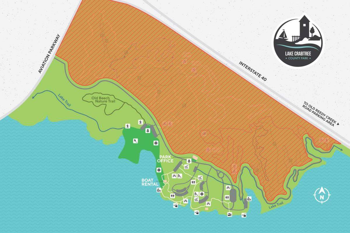 The multi-use trails at Lake Crabtree County Park, located in the orange shaded area on map, will permanently close at the end of the day on Sunday, June 1, 2025.