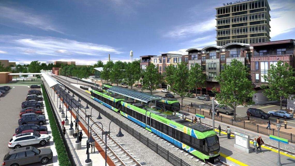 A rendering of a proposed light rail station in downtown Durham for the failed Durham-Orange Light Rail Transit project. The project was discontinued in March 2019.