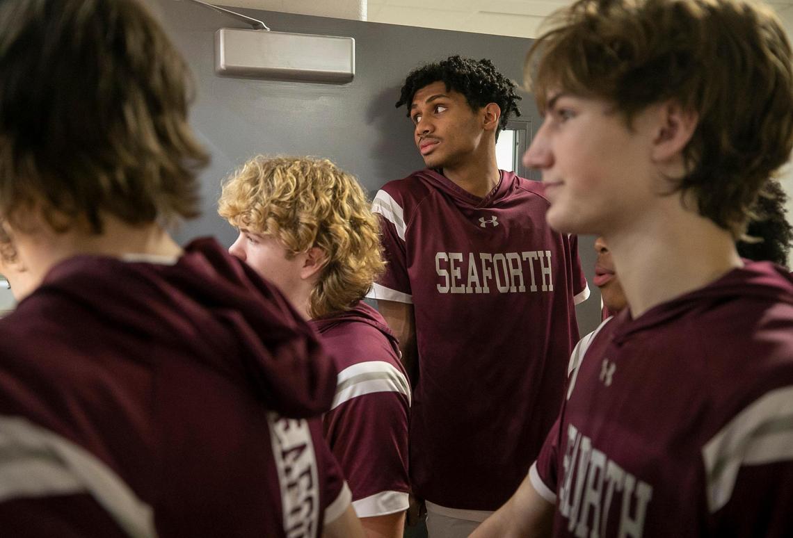 Jarin Stevenson and his teammates at Seaforth High School wait to enter the court for their game against Western Alamance on Thursday, December 8, 2022 in Pittsboro, N.C.