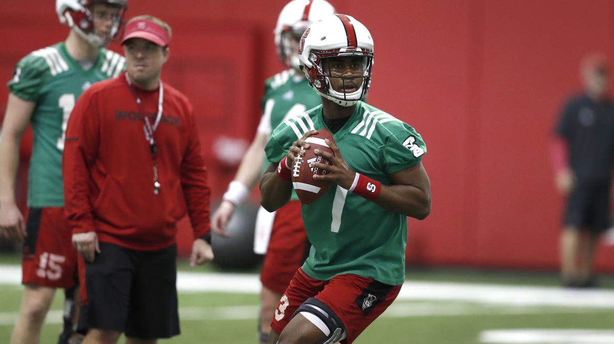 Redshirt freshman quarterback Matt McKay, No. 7, works out in a recent N.C. State football practice.