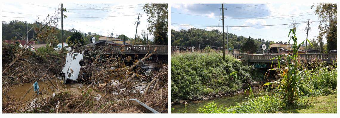 The photo at left shows damage along Swannanoa River Road, near Biltmore Village in Asheville on Oct. 3, 2024. The image at right shows a bucolic view restored.