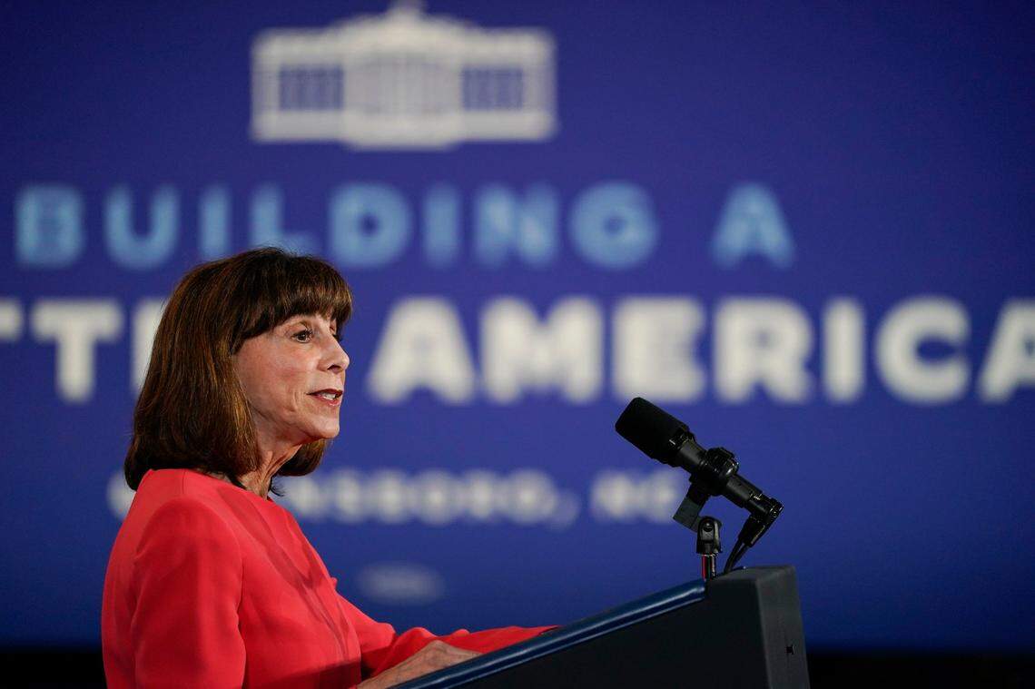 Rep. Kathy Manning, D-N.C., speaks at North Carolina Agricultural and Technical State University, in Greensboro, N.C., Thursday, April 14, 2022.