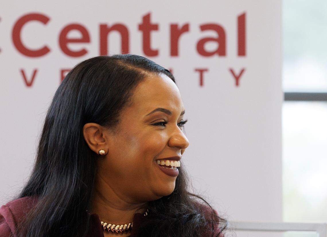 Karrie Dixon speaks with media after being named the new chancellor of North Carolina Central University on Thursday, June 6, 2024, in Durham, N.C.