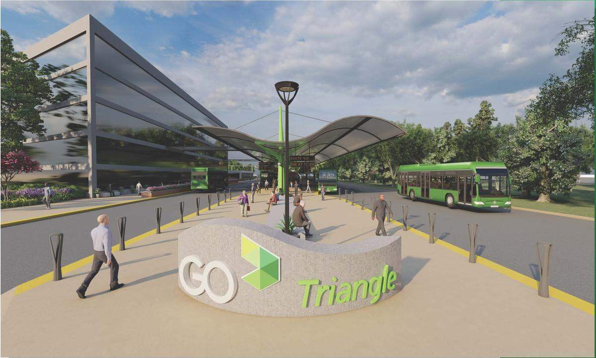 A rendering of the Triangle Mobility Hub, the transit center that GoTriangle plans to build in Research Triangle Park by 2028.