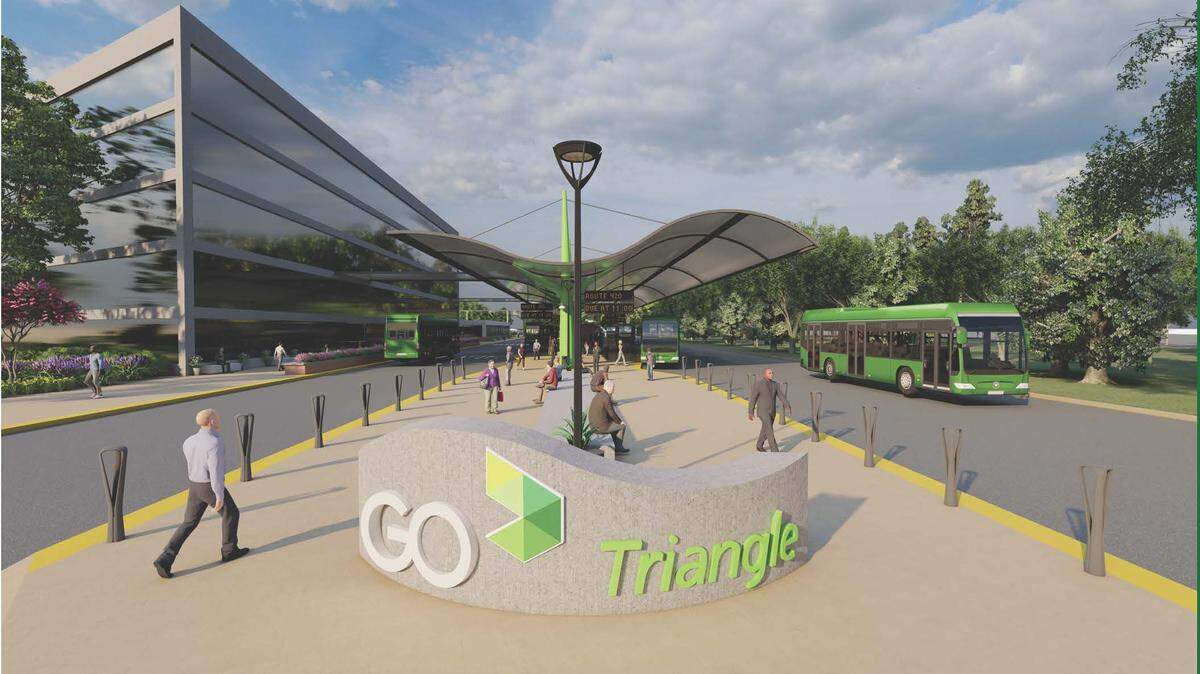 A rendering of the Triangle Mobility Hub, the transit center that GoTriangle plans to build in Research Triangle Park by 2028.