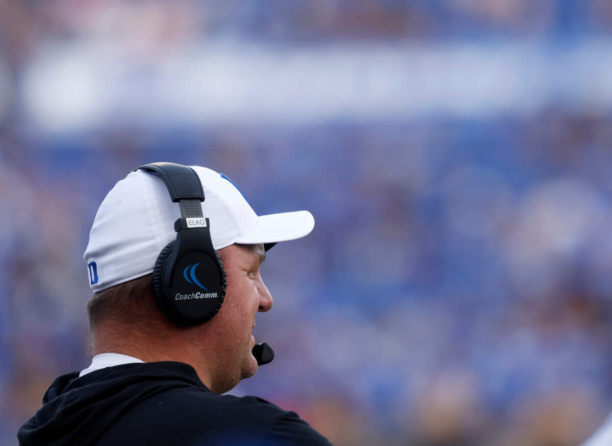 Duke head coach Mike Elko watches from the sideline during the second half of the Blue Devils’ game against the Virginia Tech Hokies at Wallace Wade Stadium on Saturday, Nov. 12, 2022, in Durham, N.C.