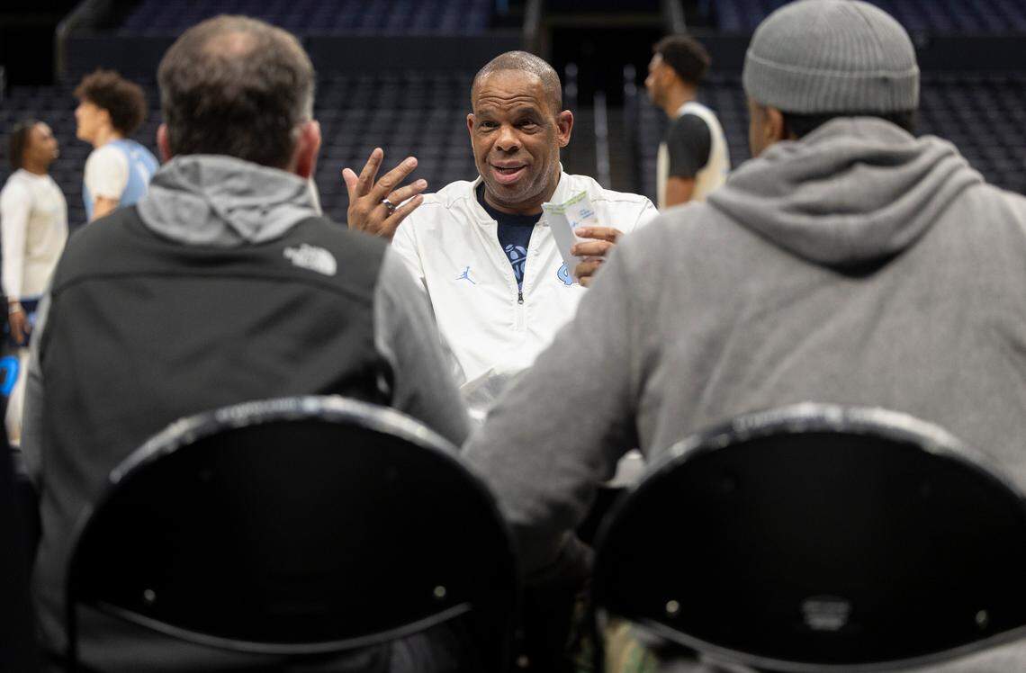 North Carolina’s R.J. Davis (4) does an interview during the Tar Heels’ open practice on Wednesday, March 27, 2024 at Crypto.com Arena in Los Angeles, CA.