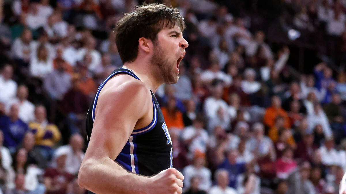 Duke’s Ryan Young (15) reacts after making the shot while being fouled during the second half of Duke’s 77-67 victory over Virginia Tech at Cassell Coliseum in Blacksburg, Va., Monday, Jan. 29, 2024.