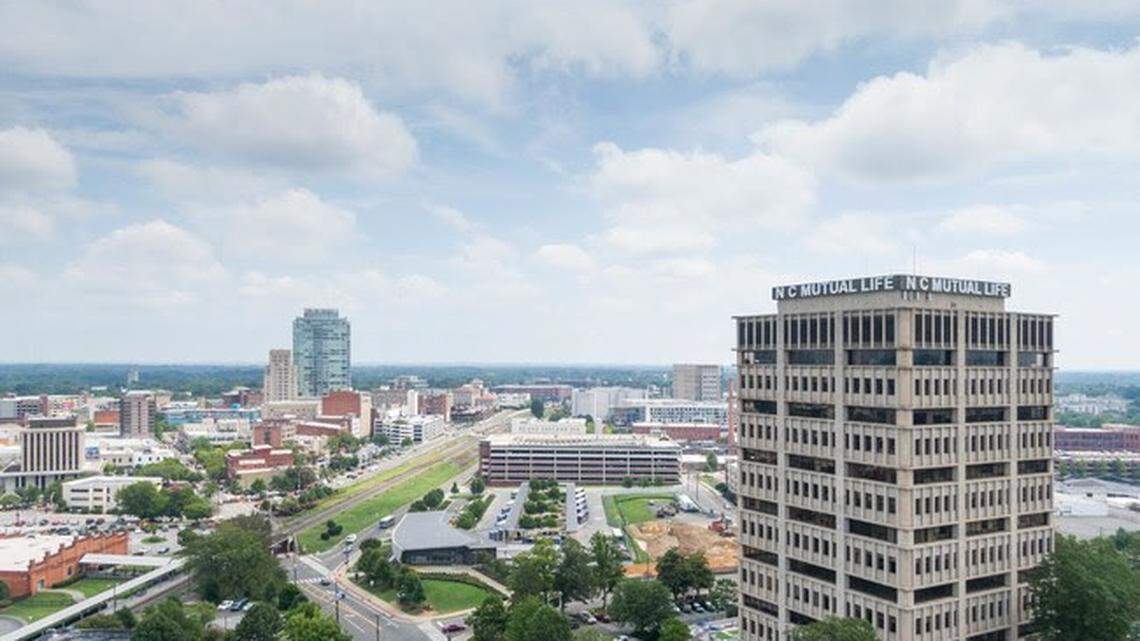 Aerial shot of the Tower at Mutual Plaza, formerly known as the N.C. Mutual Life Insurance Co. tower, in downtown Durham on West Chapel Hill Street.