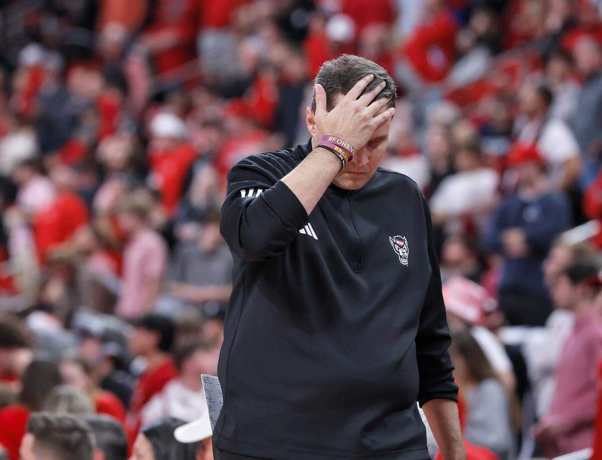 N.C. State head coach Will Wade reacts in the closing seconds of the Wolfpack’s 77-76 loss to Miami on Saturday, Feb. 14, 2026, at Lenovo Center in Raleigh, N.C.