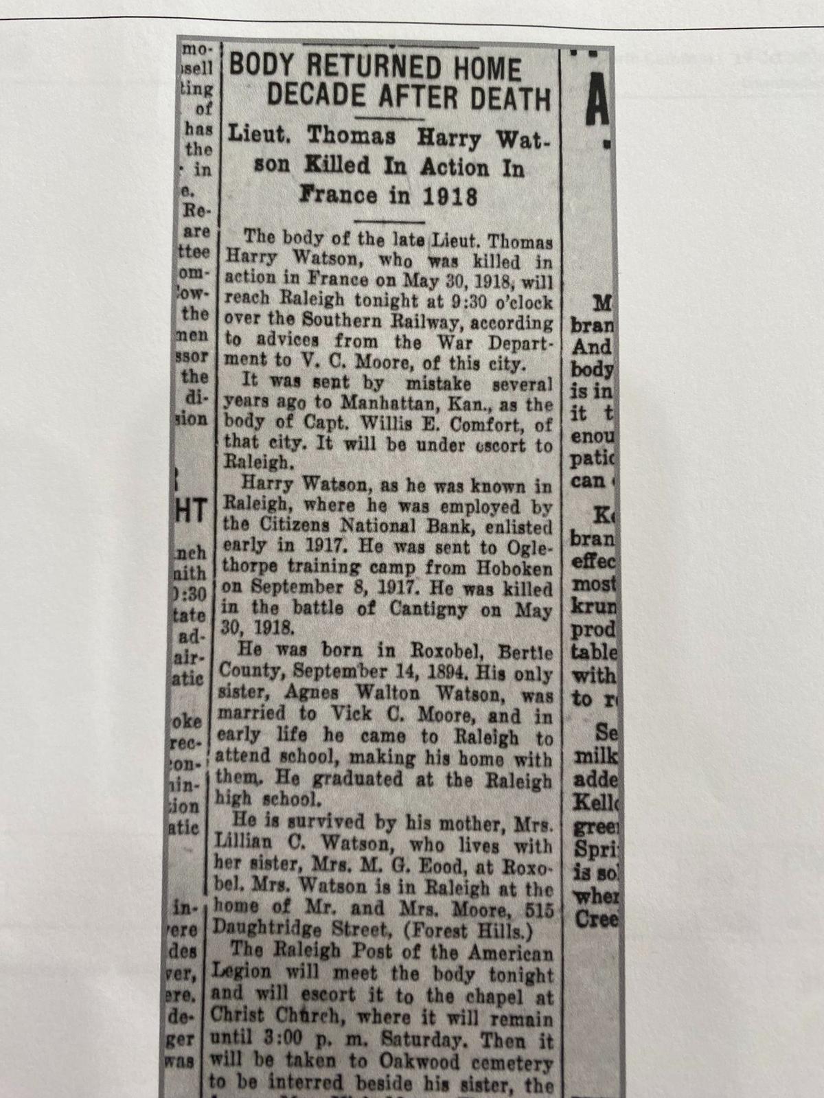 Thomas Harry Watson’s body, mistakenly sent to Kansas, didn’t return home to Raleigh from World War I until 1928 -- 10 years late.