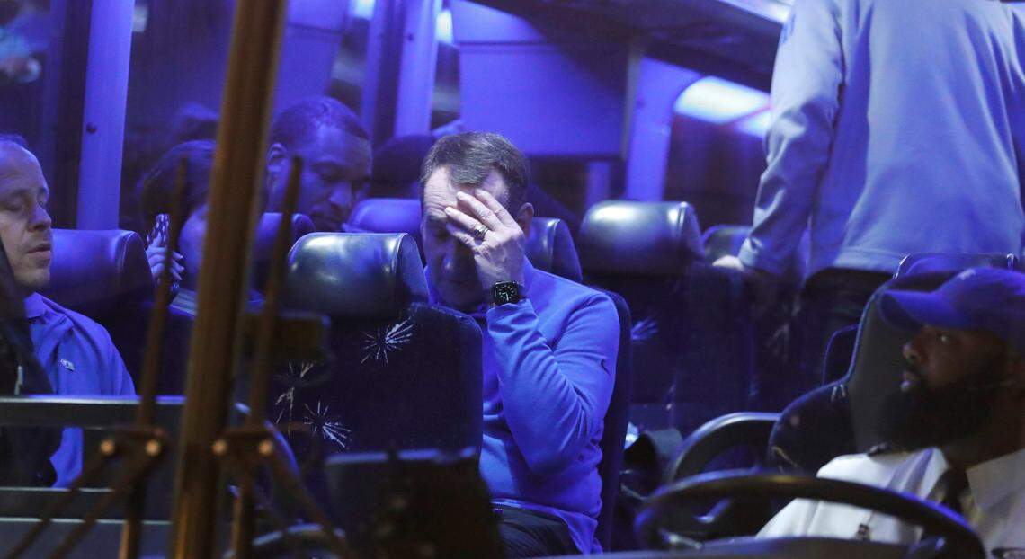 Duke head coach Mike Krzyzewski sits on the bus after leaving the arena after UNCs 81-77 victory over Duke in the Final Four at Caesars Superdome in New Orleans, La., Saturday, April 2, 2022.