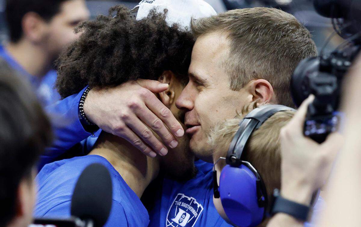 Duke’s head coach Jon Scheyer congratulates Tyrese Proctor after Duke’s 85-65 victory over Alabama in their Elite 8 game in the 2025 NCAA Men’s Basketball Championship at the Prudential Center in Newark, N.J., Saturday, March 29, 2025.