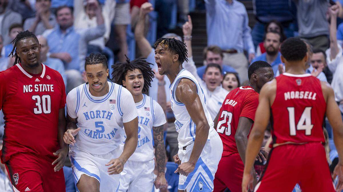 North Carolina’s Harrison Ingram (55) reacts after a dunk in the first half against N.C. State on Saturday, March 2, 2023 at the Smith Center in Chapel Hill, N.C.