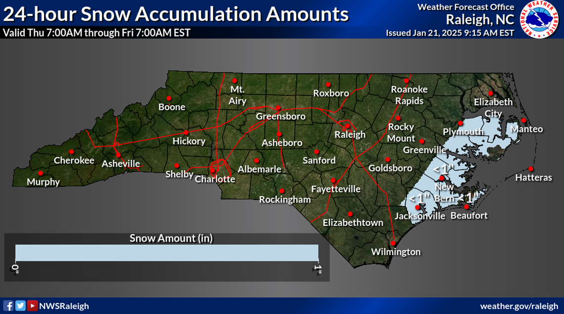 Another system is expected Thursday, Jan. 23, that could bring snow or freezing rain to North Carolina’s central coast. Raleigh and the Triangle won’t see any frozen precipitation from that, forecasters say.