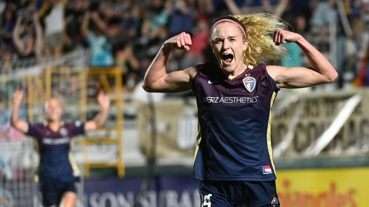 Jul 1, 2023; Cary, North Carolina, USA; North Carolina Courage forward Tyler Lussi (14) celebrates after scoring a goal against the Houston Dash during the second half at WakeMed Soccer Park.