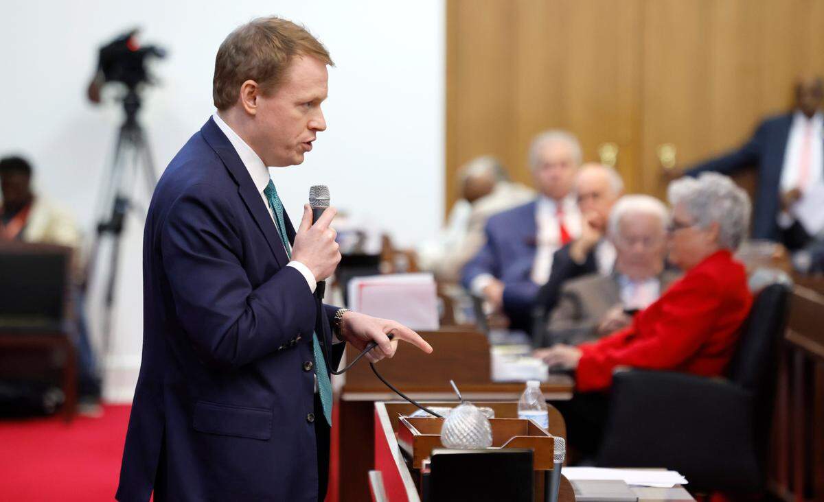 Rep. Destin Hall, a Caldwell County Republican, argues for House Bill 10 during a debate Wednesday, Sept. 11, 2024. The bill, among other things, contains hundreds of millions in private school voucher funding and requires sheriffs to cooperate with U.S. Immigration and Customs Enforcement.