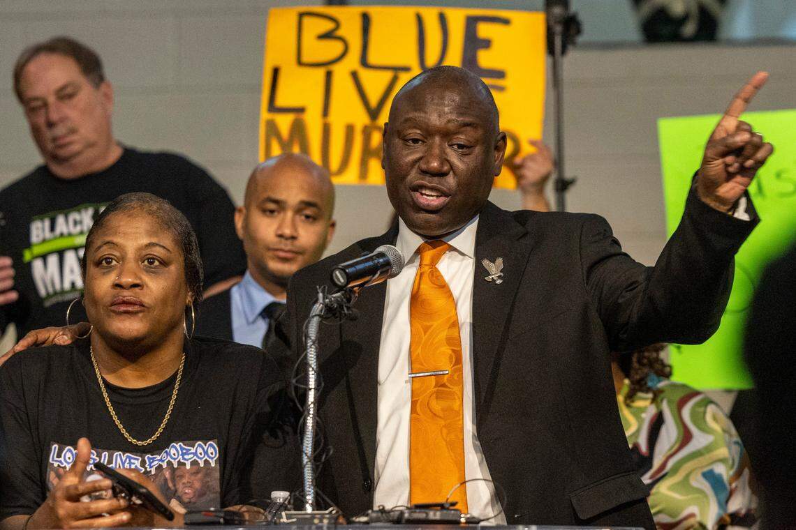 Civil Rights Attorney Ben Crump leads a press conference Friday, May 5, 2023 at Mount Peace Baptist Church alongside Sonya Williams, the mother of Darryl “Tyree” Williams, a Black man who died after being tased by Raleigh police in January.