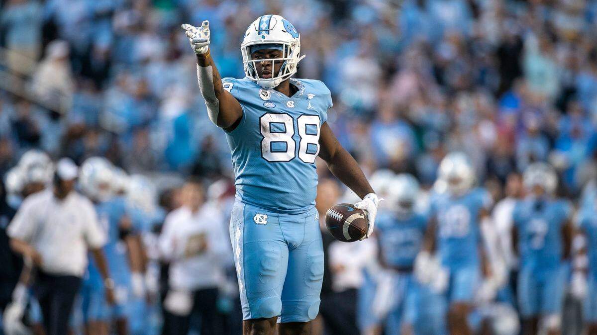 North Carolina’s Kamari Morales (88) reacts after a 25-yards pass reception from quarterback Drake Maye (10) for a first down in the fourth quarter against Virginia Tech on Saturday, October 1, 2022 at Kenan Stadium in Chapel Hill, N.C.