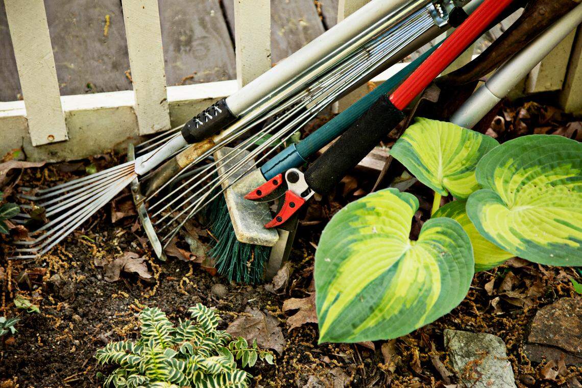 Pam Dickens’ gardening tools are stacked in a corner of her Hillsborough yard on Friday, April 29, 2022. Dickens uses a variety of tools with adjustable handles that allow her to work with ease from her wheelchair while gardening.