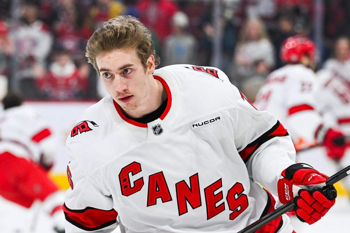 Carolina Hurricanes center Skyler Brind'Amour (76) looks on in warm-up before the game against the Montreal Canadiens at Bell Centre. 