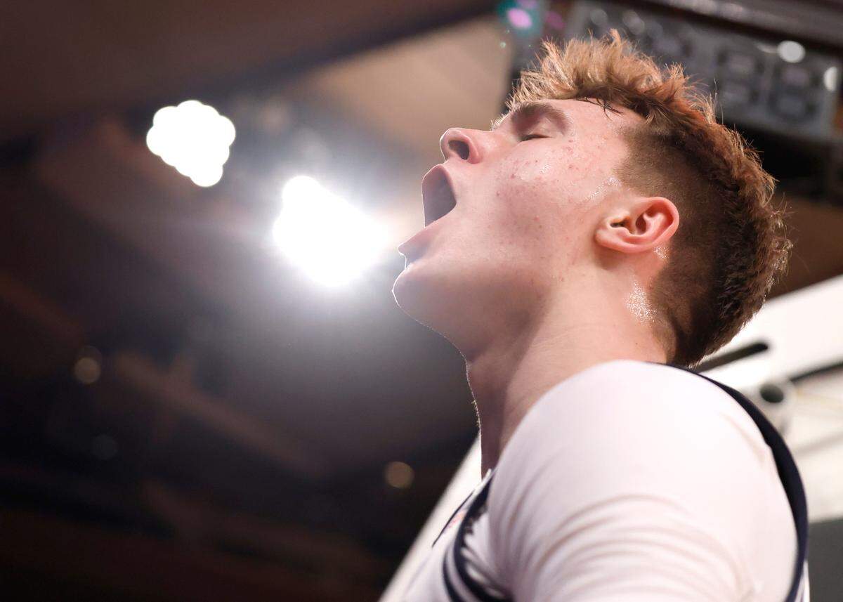 Duke’s Cooper Flagg (2) celebrates after making the basket while being fouled during the second half of Duke’s 110-67 victory over Illinois in the SentinelOne Classic at Madison Square Garden in New York City Saturday, Feb. 22, 2025.