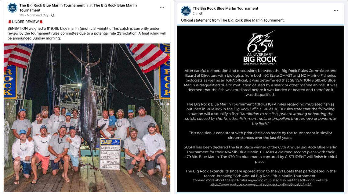 The Big Rock Blue Marlin Tournament posted this photo of the blue marlin caught by Sensation on Saturday evening and its ruling decision Sunday morning.